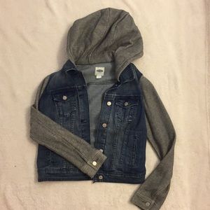 Sweatshirt sleeved jean jacket with hood